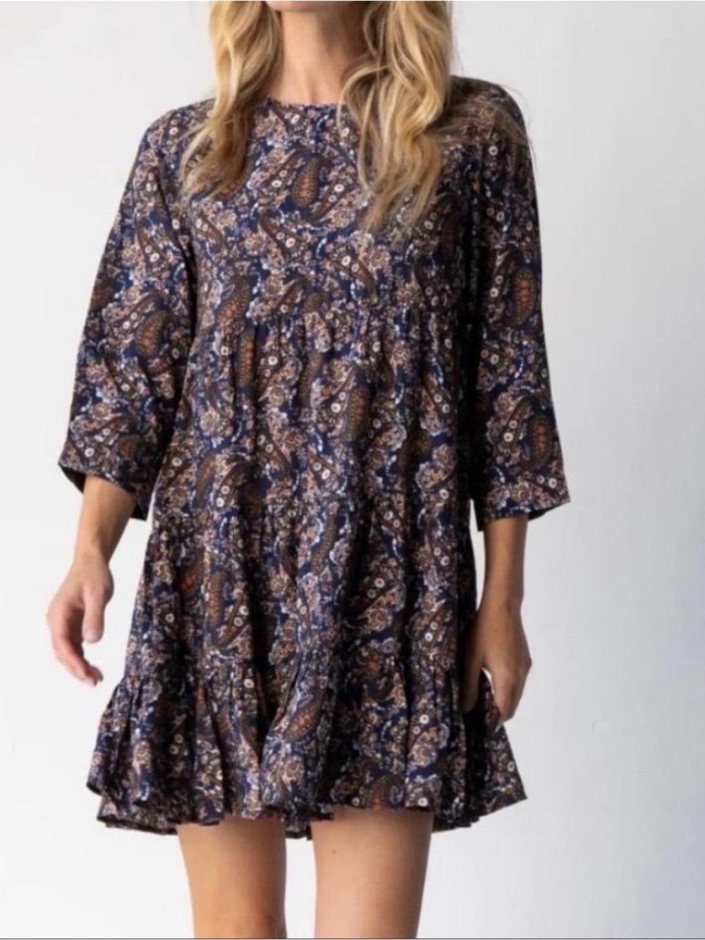 NATURAL LIFE Paisley Tiered Mini Dress - Navy & Brown